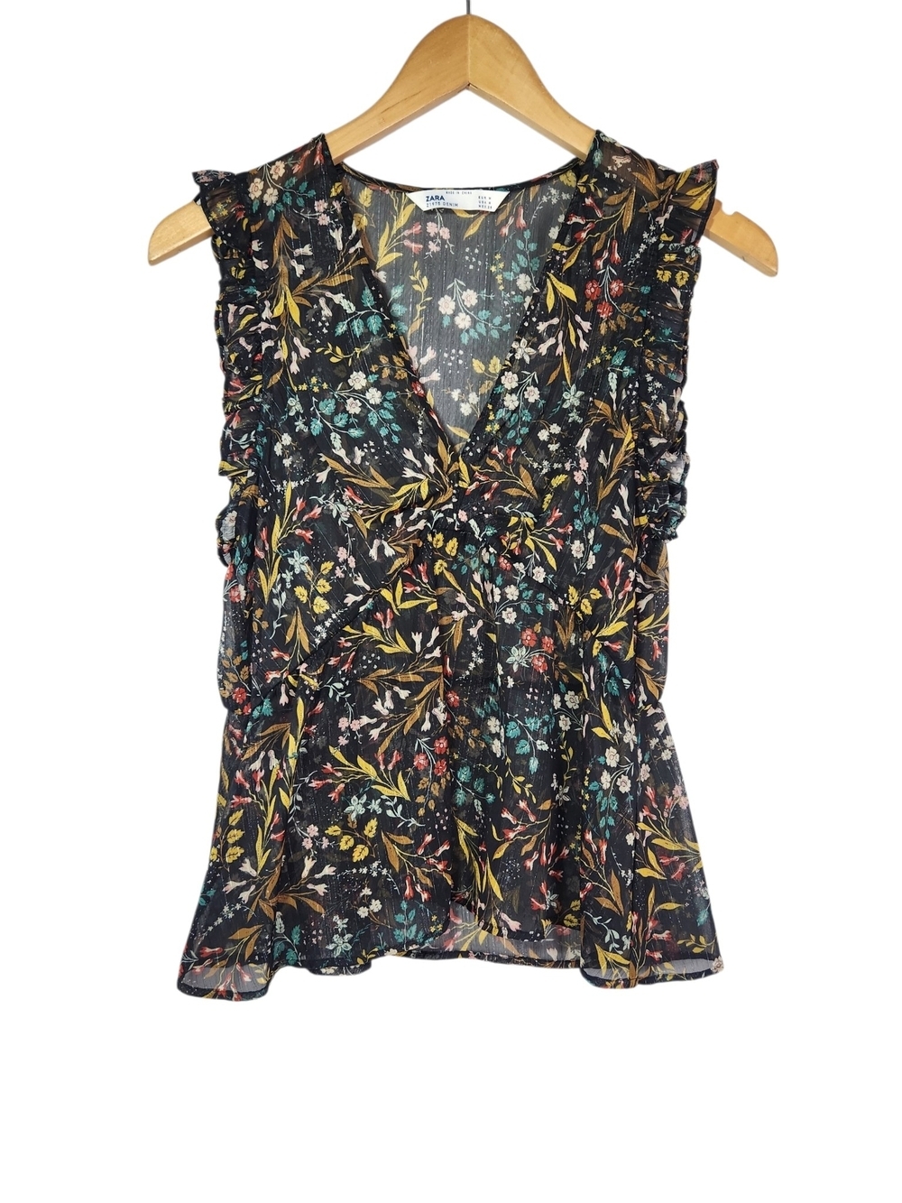 ZARA Black Floral Sheer Ruffle Sleeve Peplum Blouse Top Women's M Whimsigoth Y2K